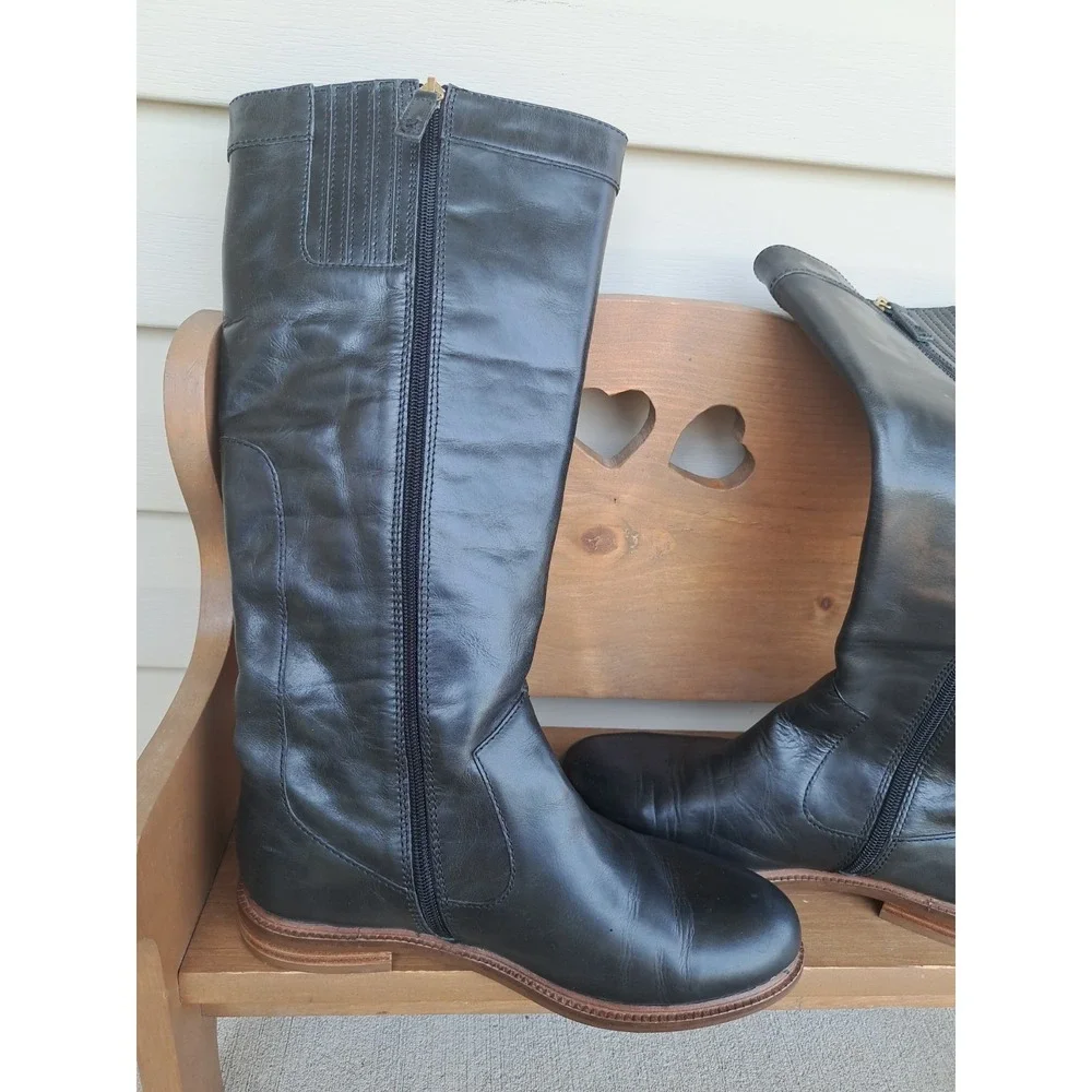 Kelsi Dagger Brooklyn Women's Black Leather Knee High Riding Boots 9 Zipper Flat